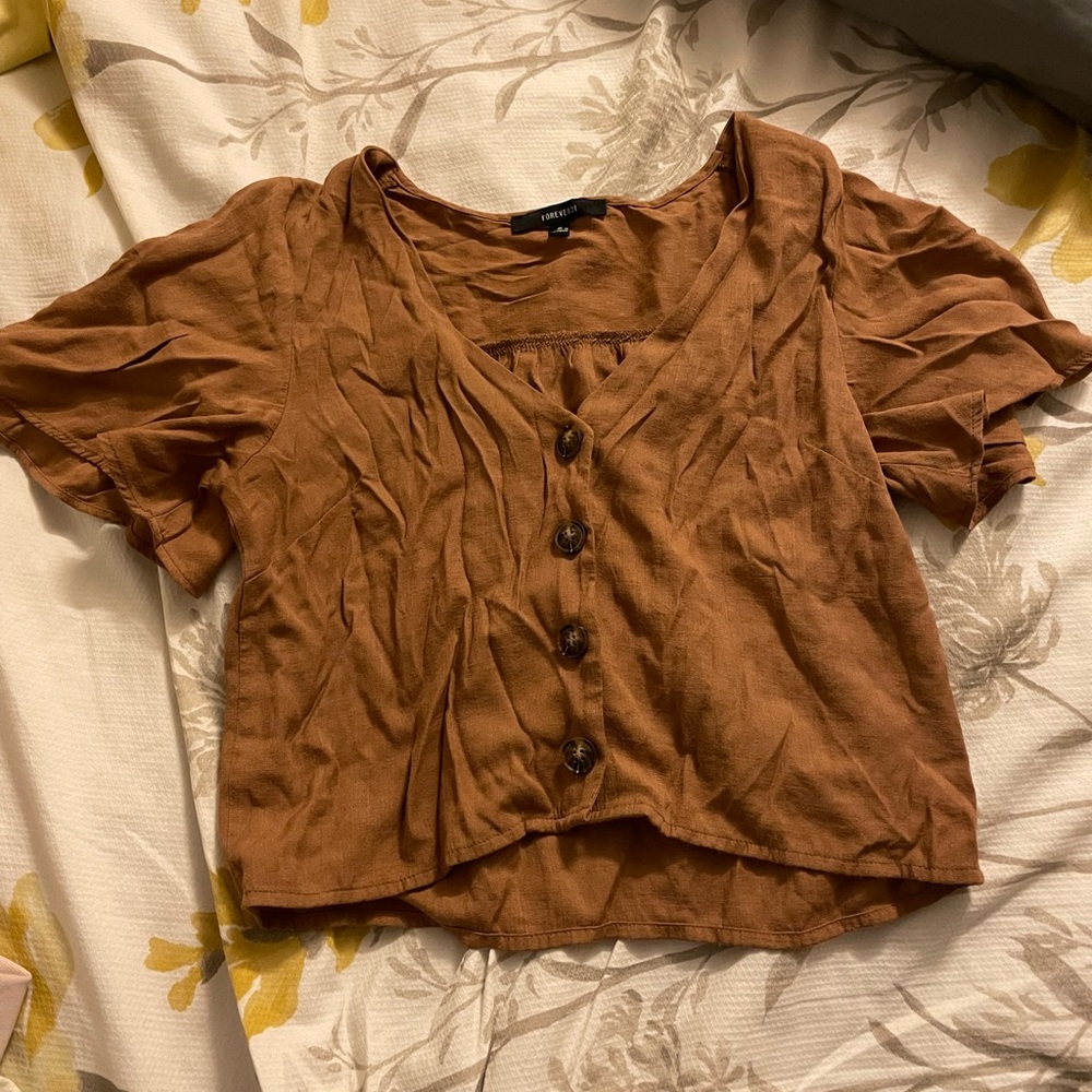 Forever 21 crop top tan button down